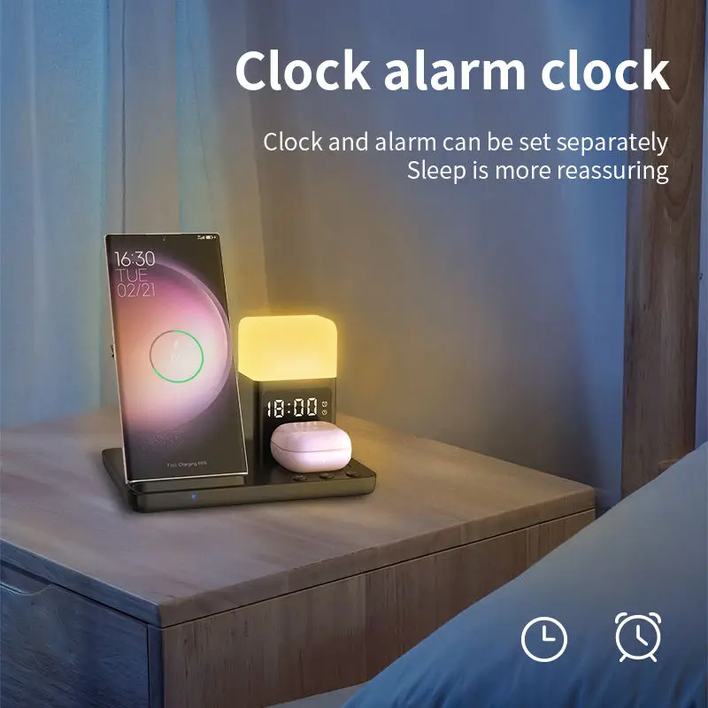 6 in 1 15W Fast Charging Magnetic Multifunction Wireless Charger with Alarm Clock Light LED Desk Lamp for iPhone Samsung Android