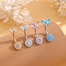 Wholesale Butterfly Circle Belly Rings Zircon Personalised Stainless Steel Butterfly Navel Belly Button Ring Body Jewelry