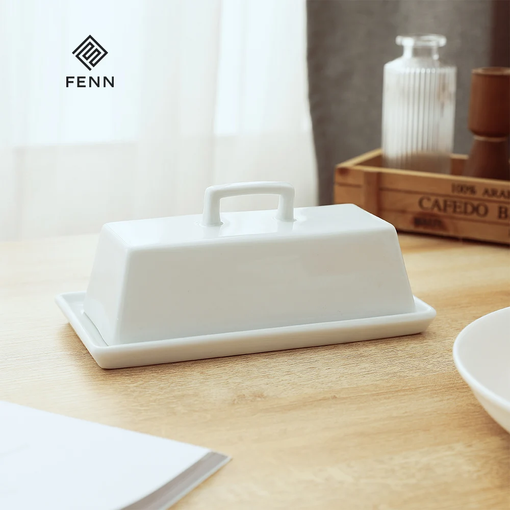 FENN Popular Modern Rectangle Shape White color Butter Sugar Flour Dish Container Custom Ceramic Butter Dish Modern With Lid