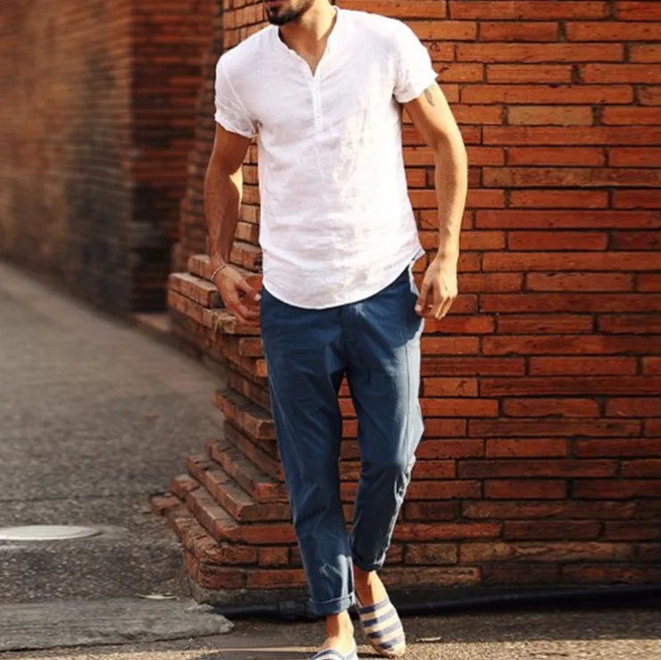 Men's Baggy Cotton Linen Soid Color Short Sleeve Retro T Shirts Tops New Fashion Print Shirts For Men Plus Size Streetwear