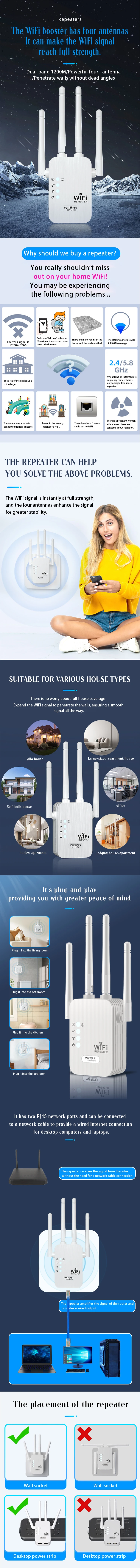 1200Mbps Signal Booster 2.4G Signal Amplifier 802.11N Wifi Range Extender Wireless Repeteur Wifi Repeaters Wifi signal Repeater