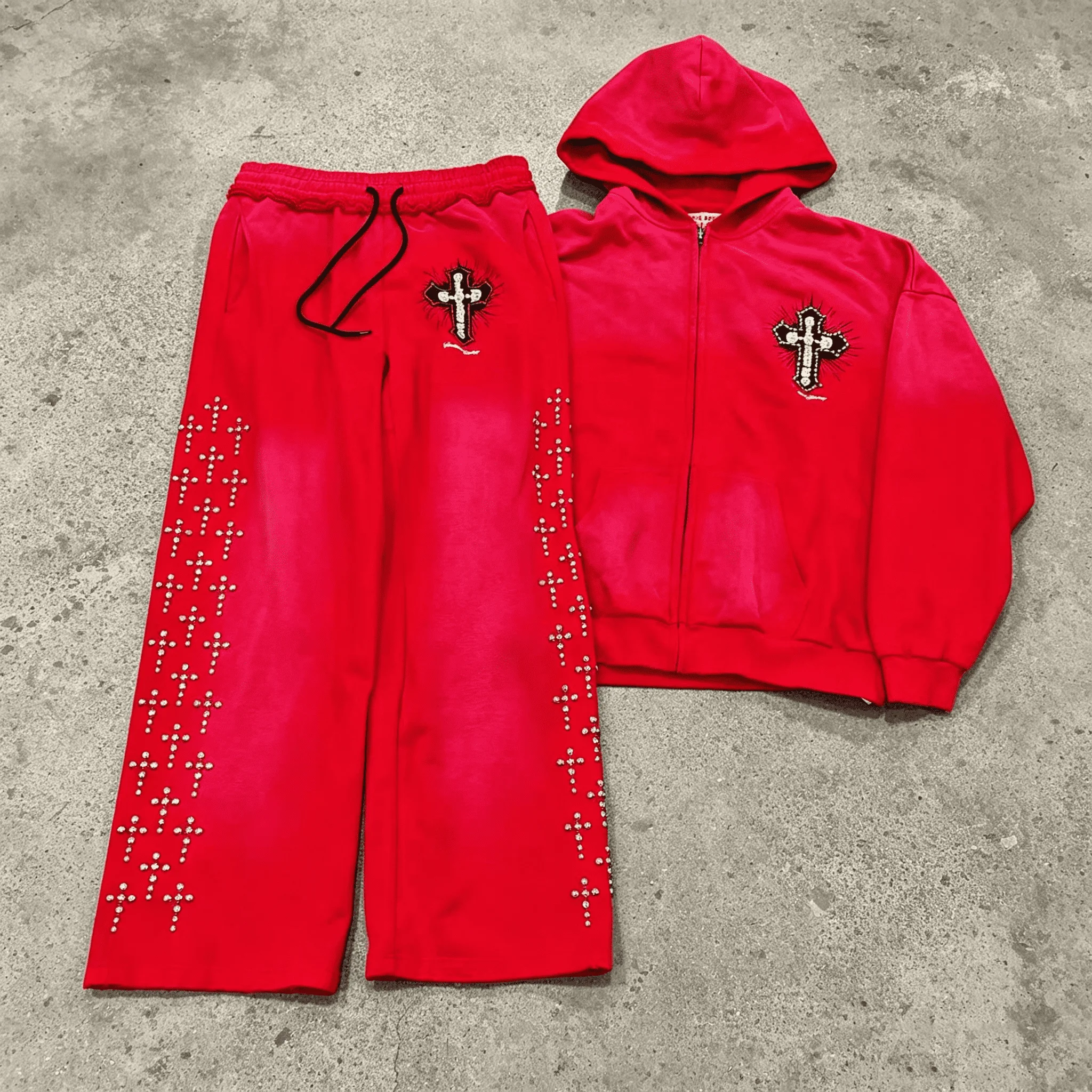 Wholesale Custom Logo Washed Zipper Hoodie Wide Leg Sweatpants Rhinestone Cross Streetwear Winter Fashion Men Tracksuit Set