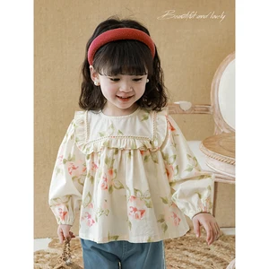 YOEHYAU Floral Girls Long Sleeve Shirt 100% Cotton Kids Blouse Children Cute Sweet Top Blouse Design for Girls