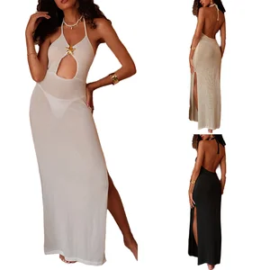 Summer Natural Anti-Static Anti-Wrinkle V-neck Cut Out Knitted Women Maxi Dress Backless See Slit Beachwear Swimwear Cover