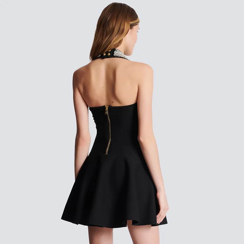 Fashion Black Sleeveless Heavy Studded A-line Skirt Bandage Dress