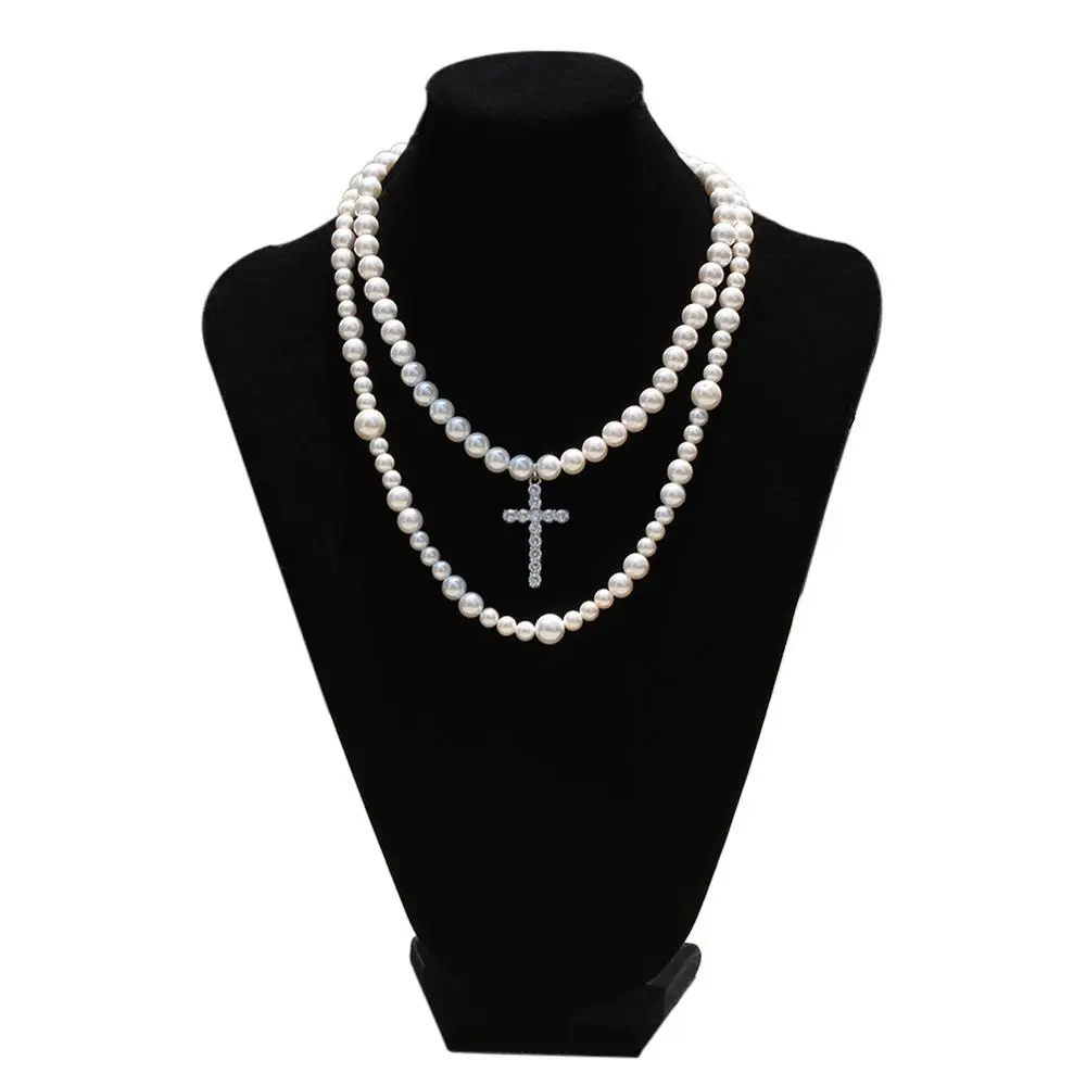 Top Fashion Hiphop Double Layer Pearl Necklace with Cross Pendant