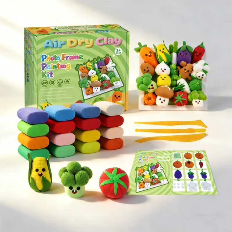 エアドライ粘土DIY写真立てクラフトキット（野菜テーマ）、無毒・ノンベイク、3歳以上向け教育玩具ギフト