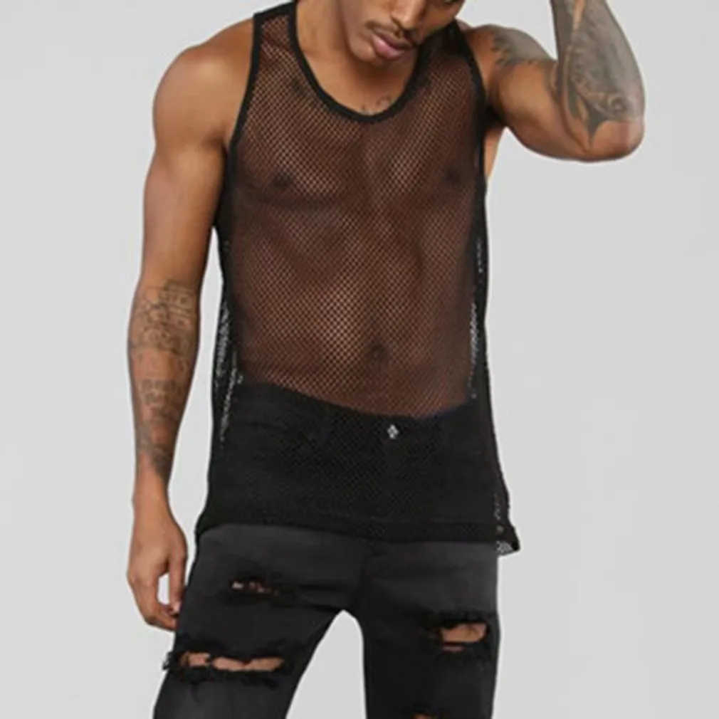 Custom mens see through mesh sleeveless t-shirt muscle tee tops workout underwear vest mesh sleeveless fish net tank tops