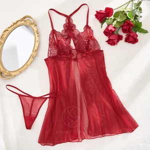 Women's Sexy T-shaped Lace Mesh Underwear Suit Bow Beautiful Back Nightdress ODM Supply Size XL Spandex Embroidery 3D Open Thin