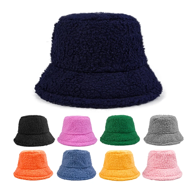 Factory direct selling solid color lamb wool warm keep winter bucket hat caps for men women