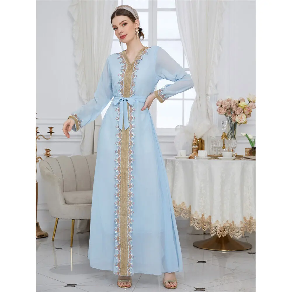 Fashion Muslim Women's Long Sleeve Dress Pleated Maxi Gown Dubai Kaftan Robe