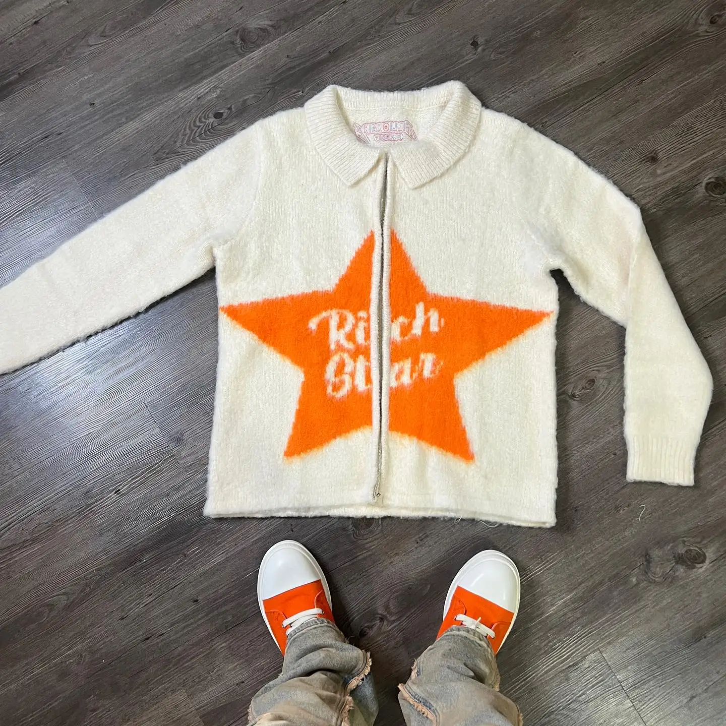 Custom High Quality Winter Zip up Mohair Jacket Oversized Fluffy Screen Print Jacquard Wool Knitted Fuzzy Mohair Sweater Men gallery 7