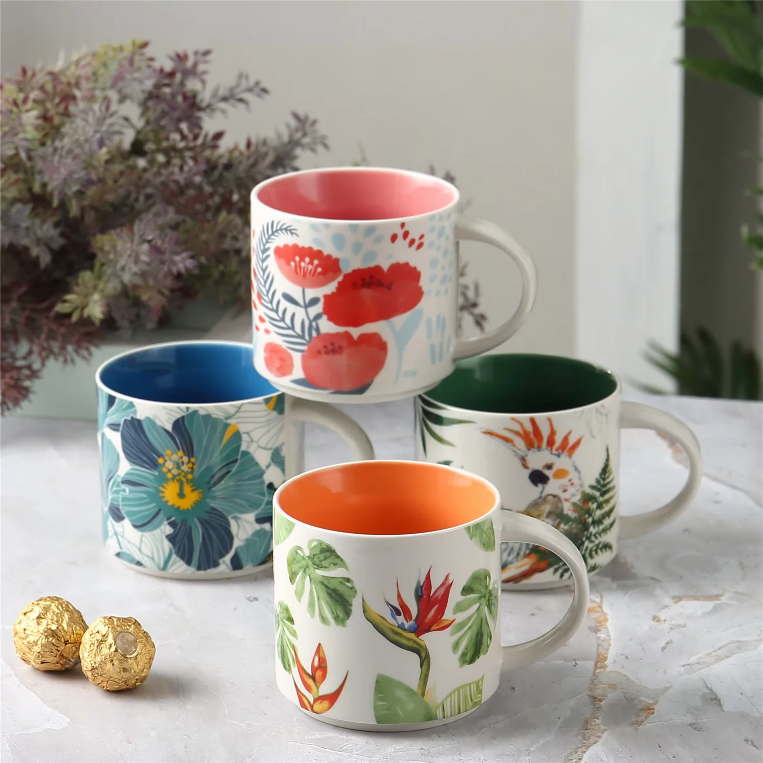 Custom Pattern with Colored Inside Porcelain Cup 450ml Ceramic Stackable Coffee Mug for Cafe Office Home