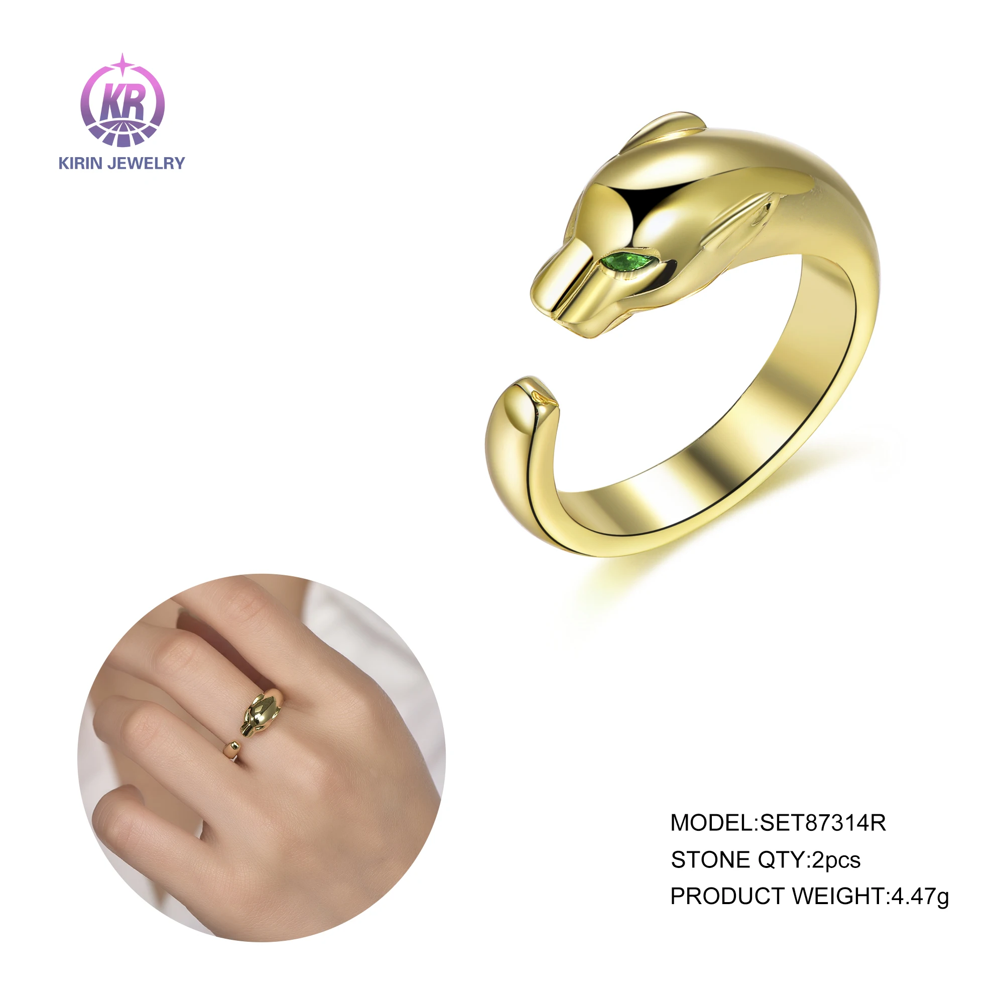 Wholesale Leopard-shaped 925 sterling silver CZ 14K/18K gold Plated ring adjustable ring for women and men