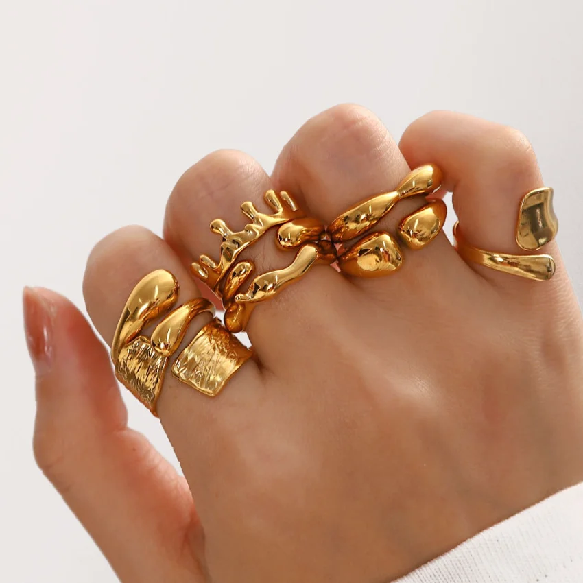 Vintage Stainless Steel Irregular Ring - 18K Gold Plated