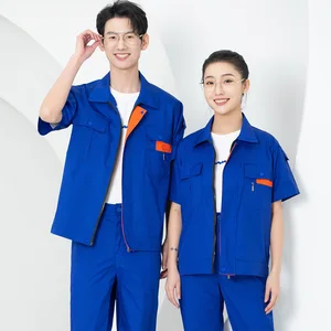 65% Polyester 35% Summer Short Sleeve Working Uniform Jacket with Reflective Line Unisex Coverall Labor Protection Clothing