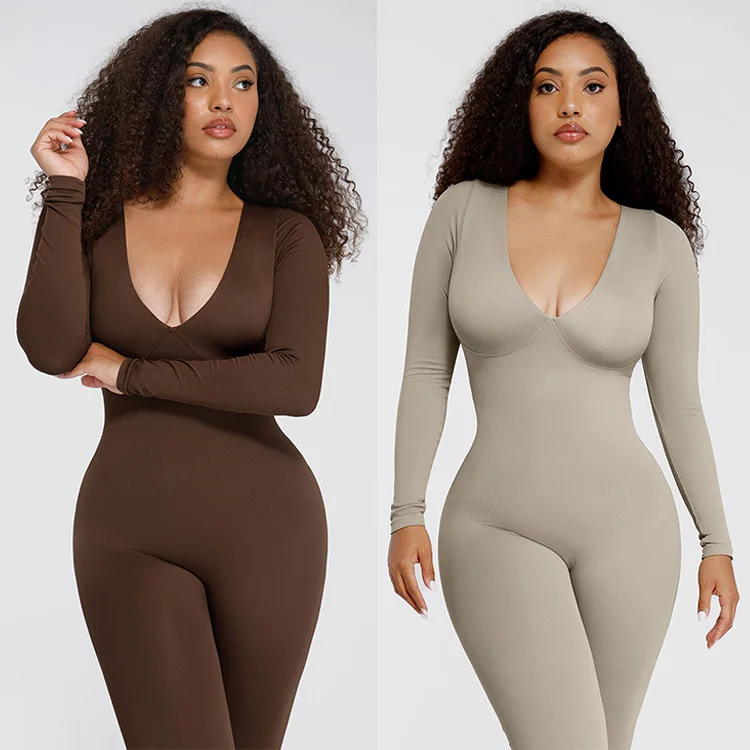 Wholesale Female Catsuit Rompers Seamless Deep V Tummy Control Waist Cinching Jumpsuit Plus Size Casual Style for Women