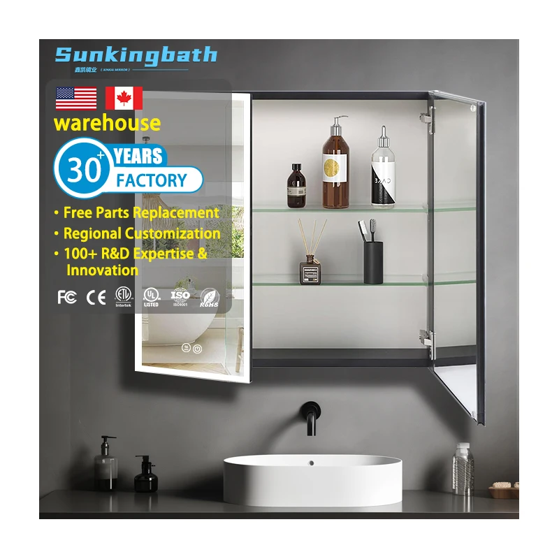 Hotel Bath Aluminum IP44 Led Mirror Cabinet Modern Design Double Doors Anti-Fog Bathroom Cabinet Medicine Cabinet with Mirror