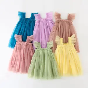 Wholesale Customizable Good Price Puff Sleeve Solid Color Little Girls Tutu Tulle Dress for Summer