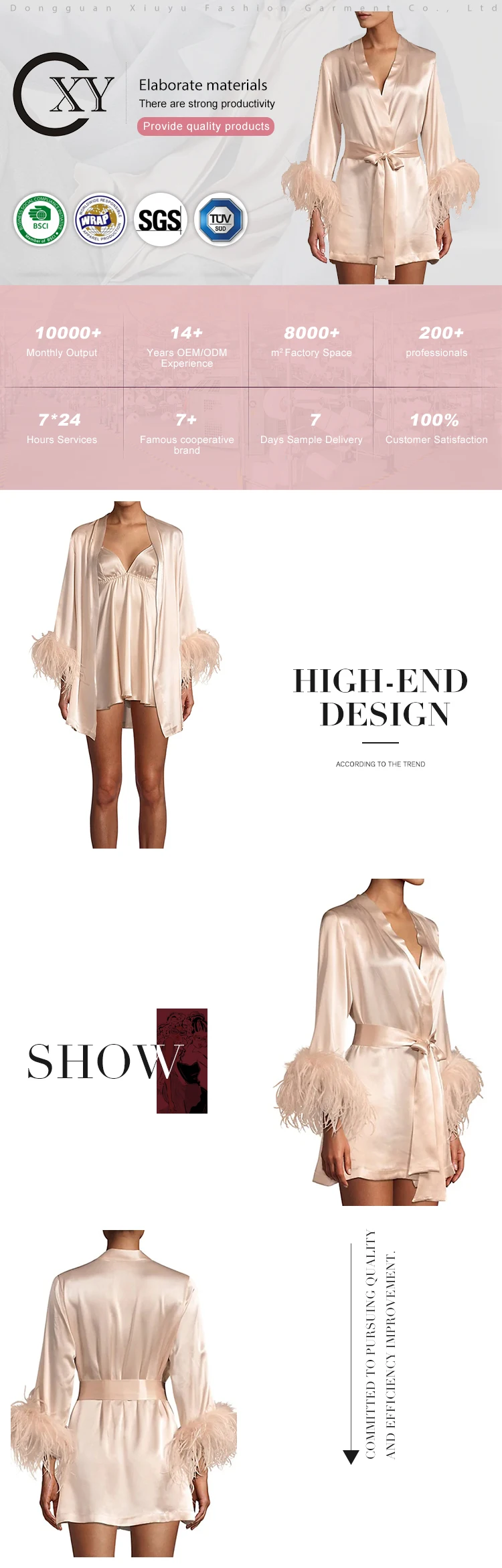 Luxury Feather Robe Ladies Pajamas Bath Lounge Wear Plus Versache Robes Femme Stretch Satin Silk Robe Women's Sleepwear