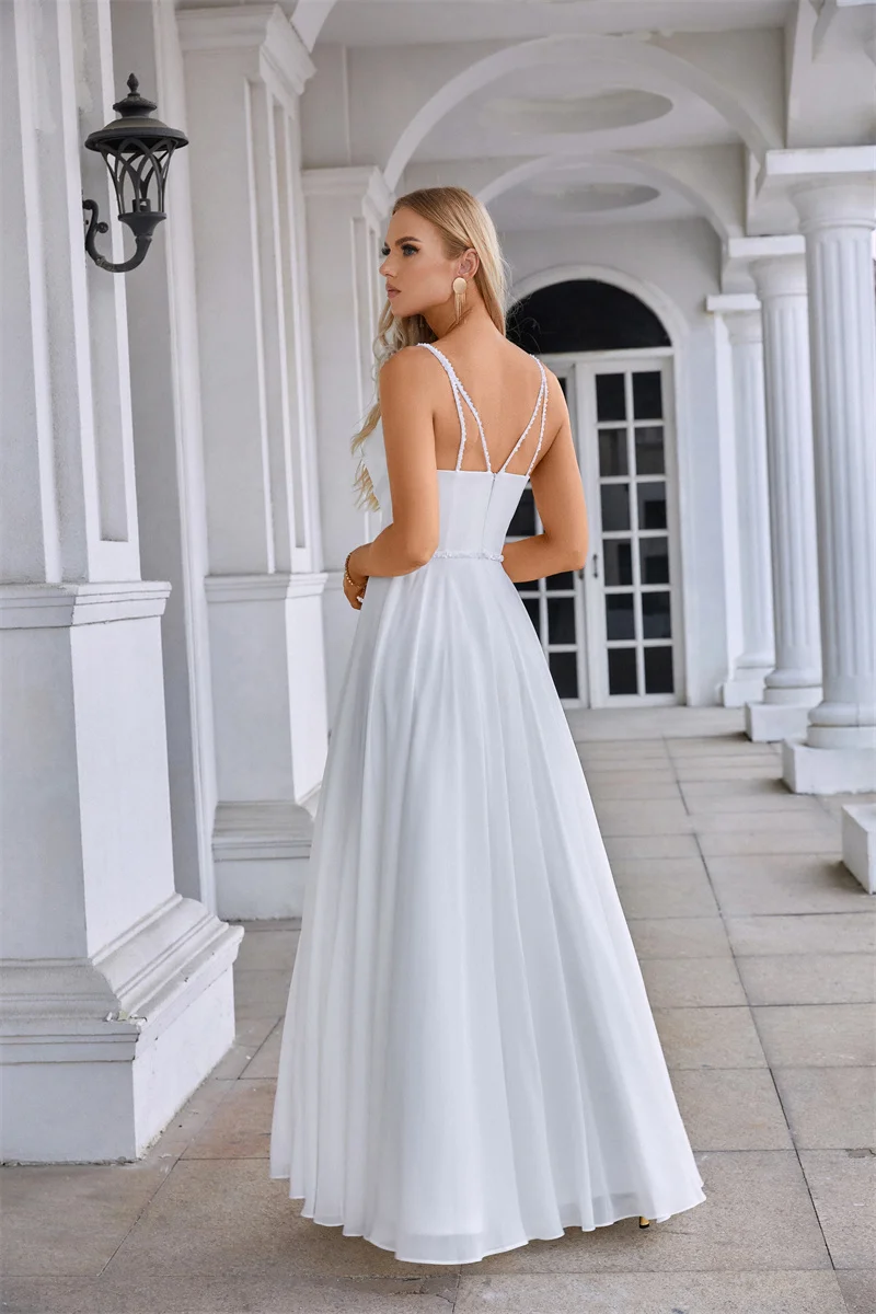 Wholesale White Chiffon Long Prom Dresses Wedding Party Wear Dress 2024