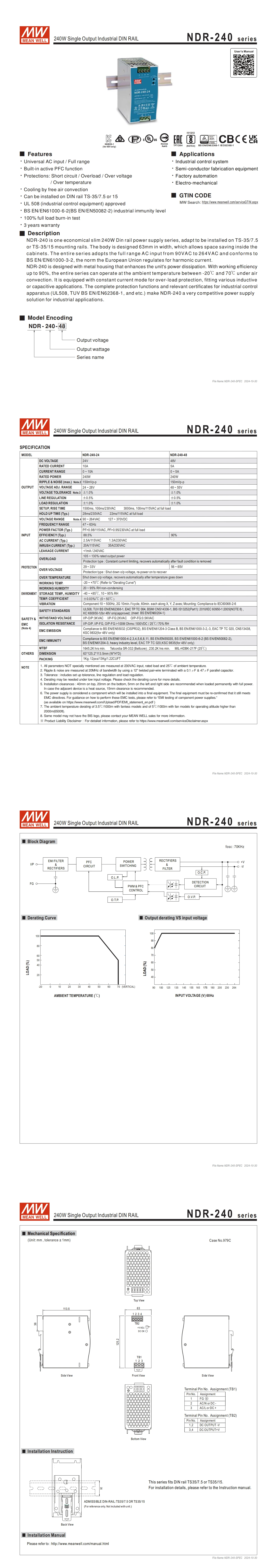 Mean Well NDR-75/120/240/480 12V 24V 48V Din Rail Power Supply 75W 120W 240W 480W 5A 10A 20A Meanwell Switching Power Supply