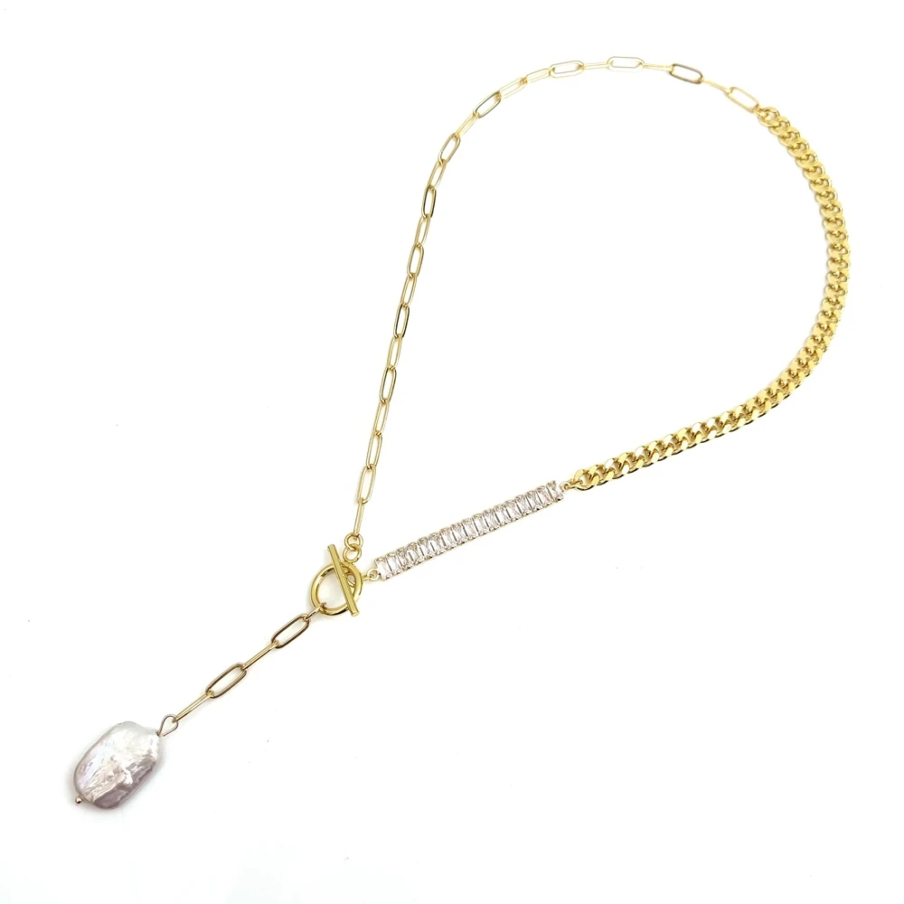 Hot Selling clear Zircon Design Long Chain Y Shaped Necklace with Baroque  Pearl Pendant Fashion Jewelry Necklace for Women Girls
