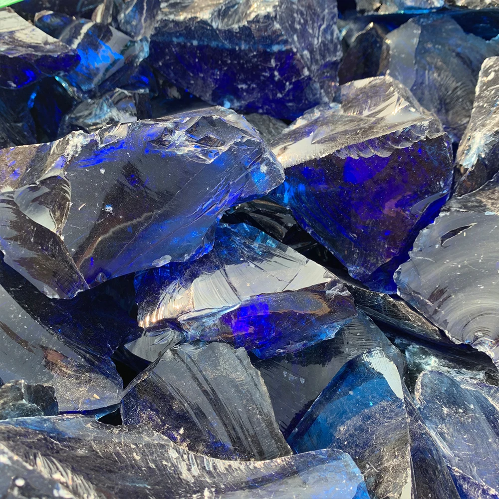 Navy Blue Rocks Irregular Landscape Broken Glass Rocks Navy Bule Slag Glass for Gabion ...