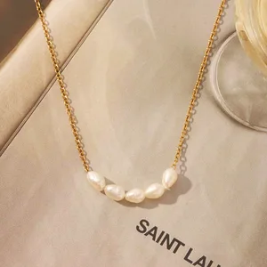 MW Dainty Stainless Steel Necklace 18K Gold-plated Collarbone Chain Natural Freshwater Pearl Necklace Jewelry  for Gift