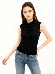 Women's Summer Sleeveless Tops High Quality Rayon Spandex Soft Stretch Knitted Cowl Neck Mult-Pleated Front Simple Fashion