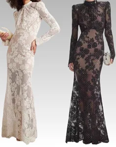 2026F/W Women's Fashion Floor-Length Fishtail Dress Top Trend Super Heavy Bright Embroidery Lace with Hot Rhinestones