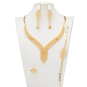Custom champagne Gold 24 k Gold Plated Dubai Ladies Jewelry Sets Necklace Bracelet Earrings Ring Jewelry  Bride Wedding Dance