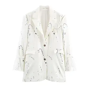 Cross-border Foreign Trade Wholesale ZA European American Women's New Fashion Temperament Joker Splash Ink Solid Long Blazer