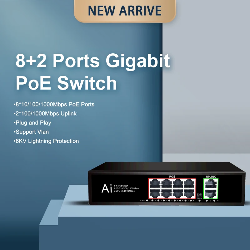 8port Poe + 2port 10/100/1000mbps Poe Gigabit Uplink Switch 250m Long