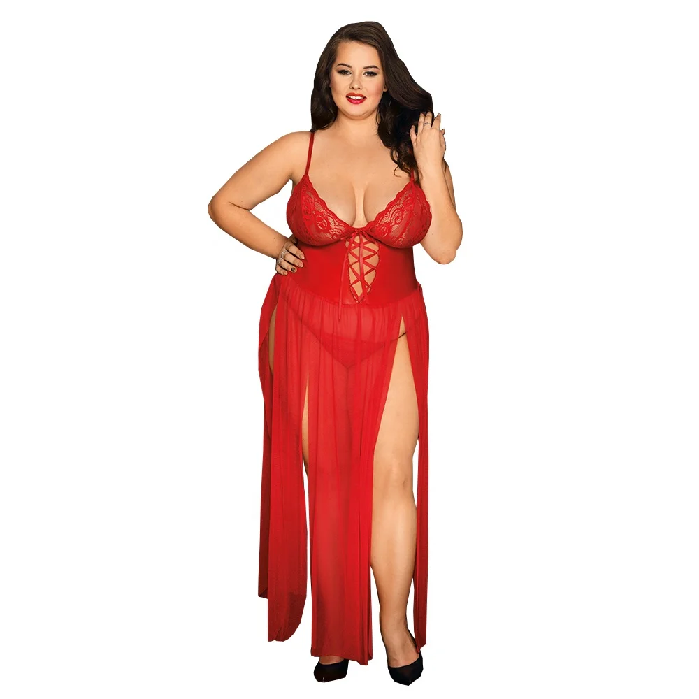 New Fashion Plus Size Girls Erotic See Through Night Dress Red Long 