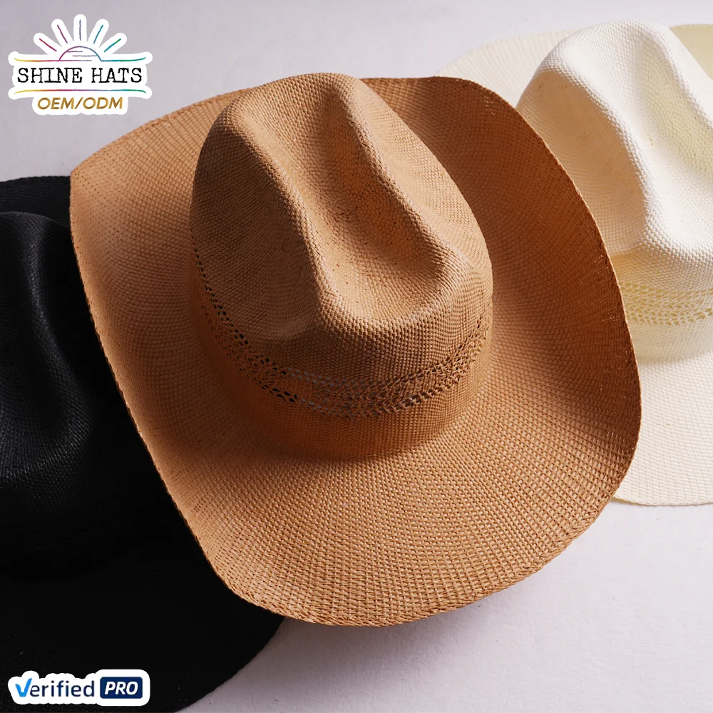 Shinehats 2025 OEM Luxury Cowboy Ridge Western Hollow Design Women Custom Logo Solid Color Woven Cowgirl Straw Hat With Pattern_voghion.com