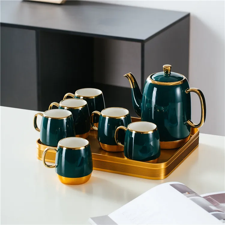 Classical Design Royal Green Porcelain Coffee Tea Pot Six Cups Set