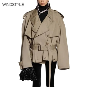 OEM/ODM Simple Stylish Loose Large Profile Double-Breasted Casual Waist Windbreaker Button Decoration Closure Short Lace-Trendy