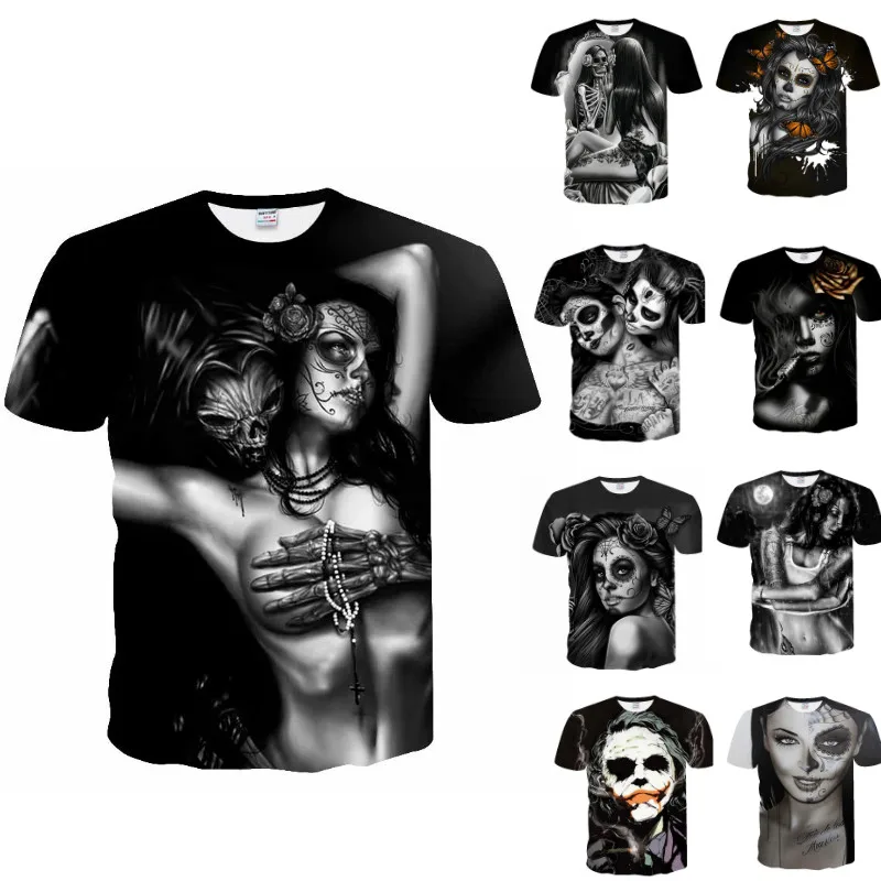 Source Dark Series-camisetas negras estampado de calavera para mujer y hombre, camisetas casuales de manga corta personalizadas mujer on m.alibaba.com