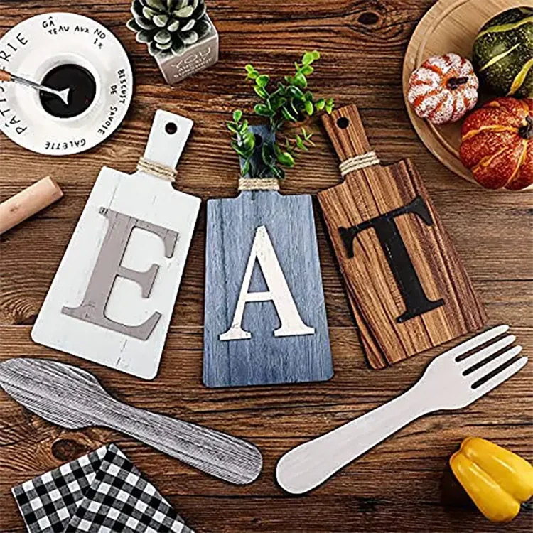 Cutting Board Eat Sign Set Hanging Art Kitchen Eat Sign Fork and Spoon Wall Decor Rustic Country Farmhouse Kitchen Decor