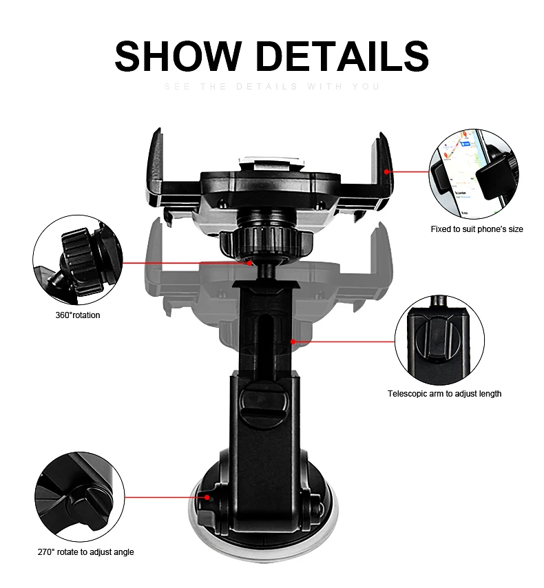 Support de téléphone rotatif à 360° pour tableau de bord et pare-brise avec ventouse et bras extensible. Fixation rapide._voghion.com