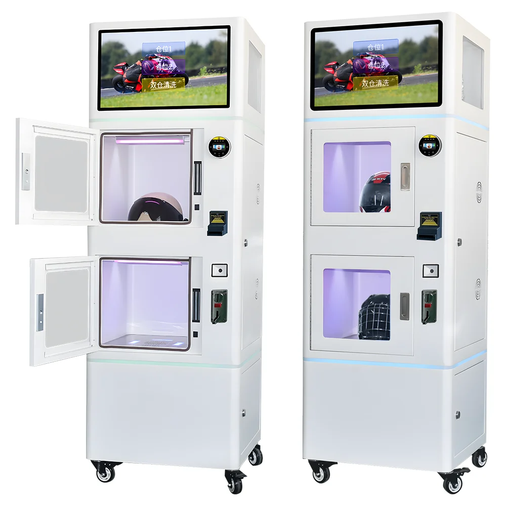 Автоматична машина за чистене на шлемове за мотоциклетни състезания с две секции и мъглив разтвор за почистване, предназначена за мотоциклетни и защитни шлемове