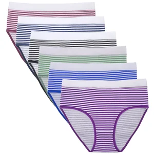 New Breathable Everyday Women Bikini Panties Mid-Rise Knitted Cotton Japanese Cute Stripe Underwear Waist Cotton Gusset