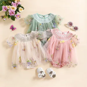 Custom Baby Clothes One-Piece Shirred Smocked Baby Clothing Embroidered Floral Mesh Sweet Lace Baby Rompers