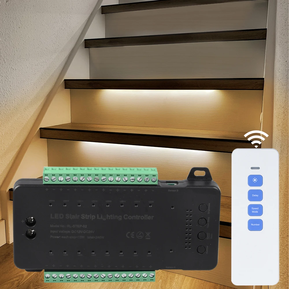 PIR Motion Sensor Stair Led Lighting Controller Moving Effect With Remote Control Dimming for 16 Steps Staircase Stair Use
