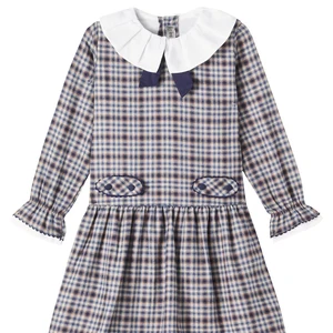 Girls' Long-Sleeved Plaid Velvet Dress with Doll Collar Polyester/Cotton Breathable Autumn Children's Clothing