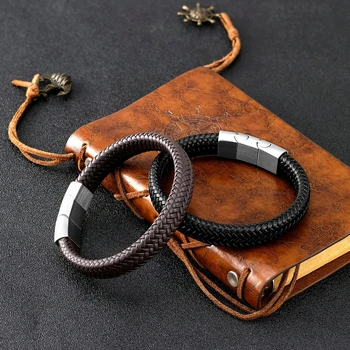 Wholesale Luxury Men'S Magnetic Clasp Men Jewelry Bracelet Black Brown PU Leather Twist Weave Bracelet
