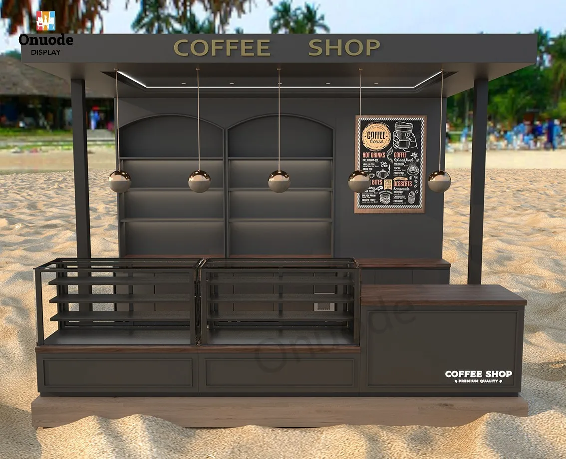 Modern Stylish Coffee Shop Counter Display Cabinet LED Lighting Kiosk Showcase for Coffee Counter Displays