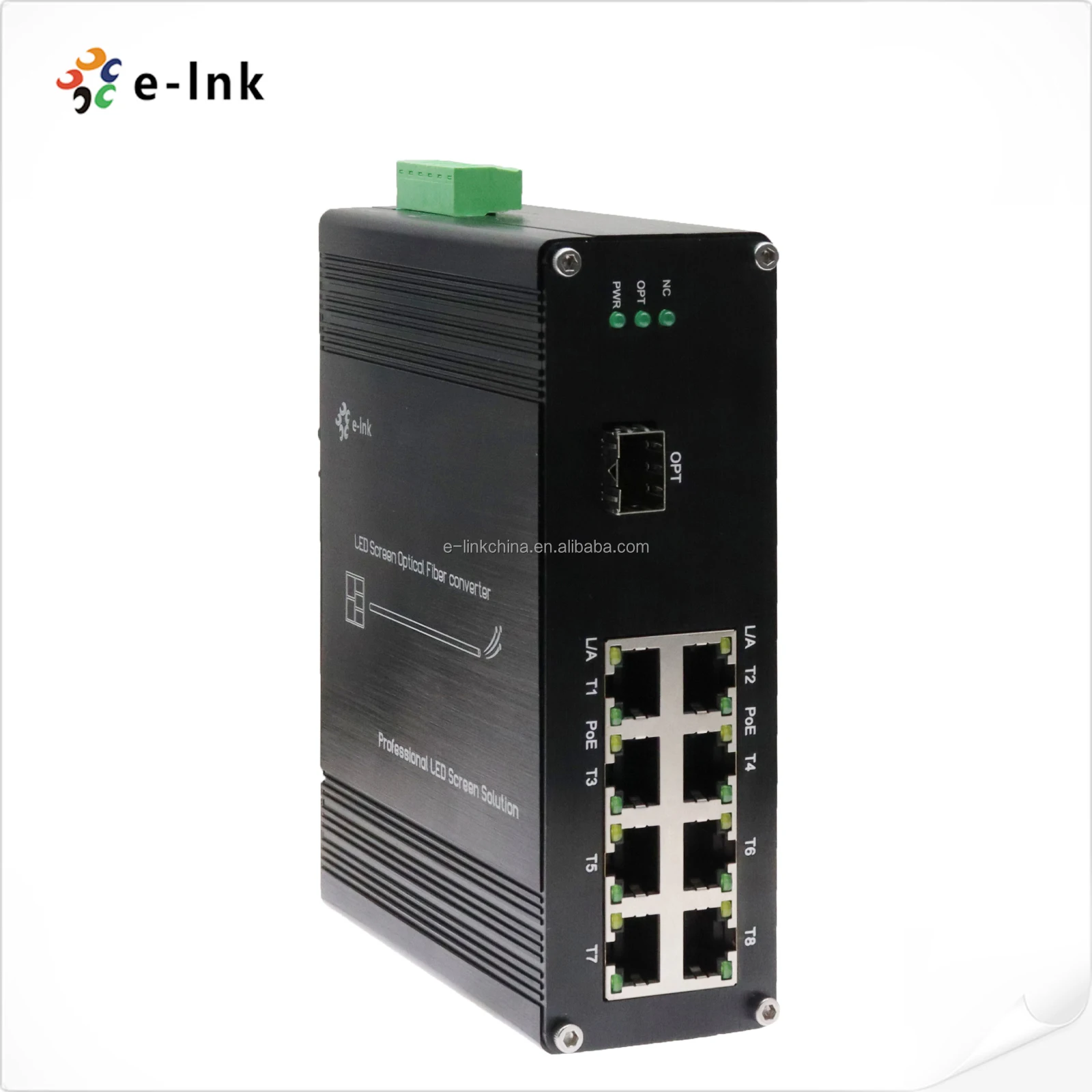 Fiber Converter with LED Screen 1 X 10G SFP to 8 X 10/100/1000M RJ45 Ethernet Din Rail Mounting Network Switch