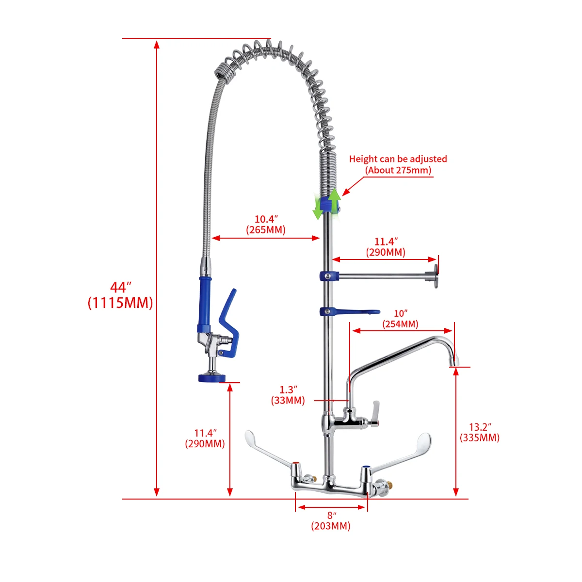 product industrial design wall mounted commercial kitchen faucet chrome finish dual handle pull down spray 2 holes hotel use brass-12